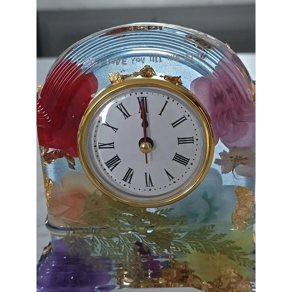 Handmade‎ Resin Desk Clock Decoration Gift Clear With Multi Colored Flowers 733